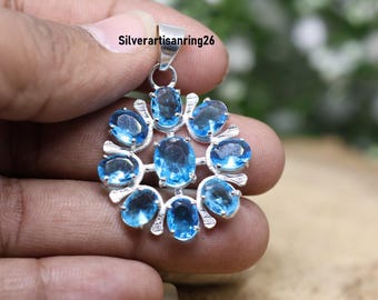 Handmade Blue Topaz Gemstone Pendant :925 Sterling Silver Pendant