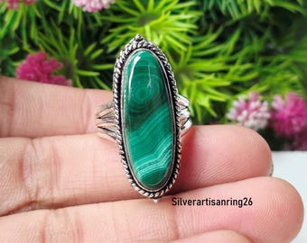 Malachite Gemstone Ring , 925 Sterling Silver Handmade Jewelry , Stylish Gift For Her , Statement Jewelry Gift For Him & Her