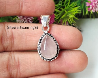 Teardrop-Shaped Rose Quartz Gemstone Pendant , 925 Sterling Silver Handmade Pendant , Gift For Valentine Day