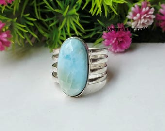 Oval-Cut Blue Larimar Sterling Silver Band Ring ,Handmade Jewelry Gift For Her