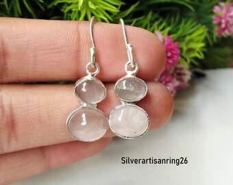 Rose Quartz Oval Gemstone Earring , 925 Sterling Silver Handmade Earrings, Gift For Valentine's
