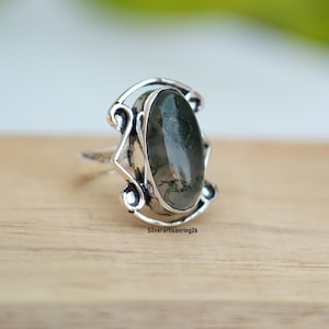 Anillo de plata con ágata musgosa hecho a mano, anillo llamativo de diseño antiguo