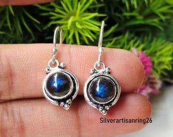 Round-Cut Labradorite Gemstone Earring , Handmade Designer 925 Sterling Silver Jewelry , Gift For Her , Dangle Earring Gift For Him