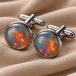 Runda manschettknappar i 925 sterlingsilver med opalit, färgglad eldopal, elegant present till honom