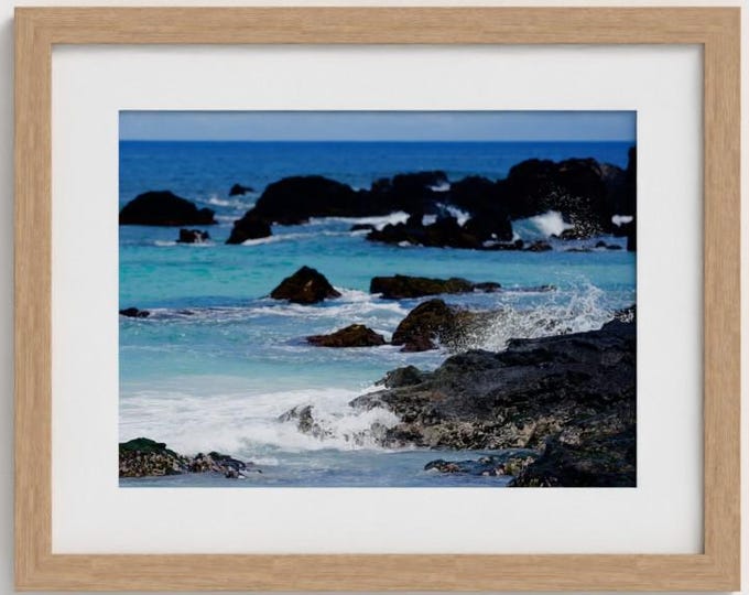 Featured listing image: Hawaiian Coastal Wall Art, Volcanic Rock Ocean Photography Print, Turquoise Seascape (Framed or Unframed)