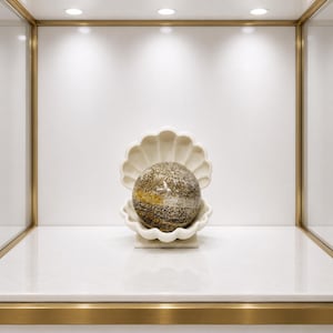 May include: A smooth, spherical stone with mottled brown, gray, and white patterns resting inside a cream-colored, open seashell-shaped holder. The object is displayed within a bright, white-walled enclosure with gold-toned metal trim.