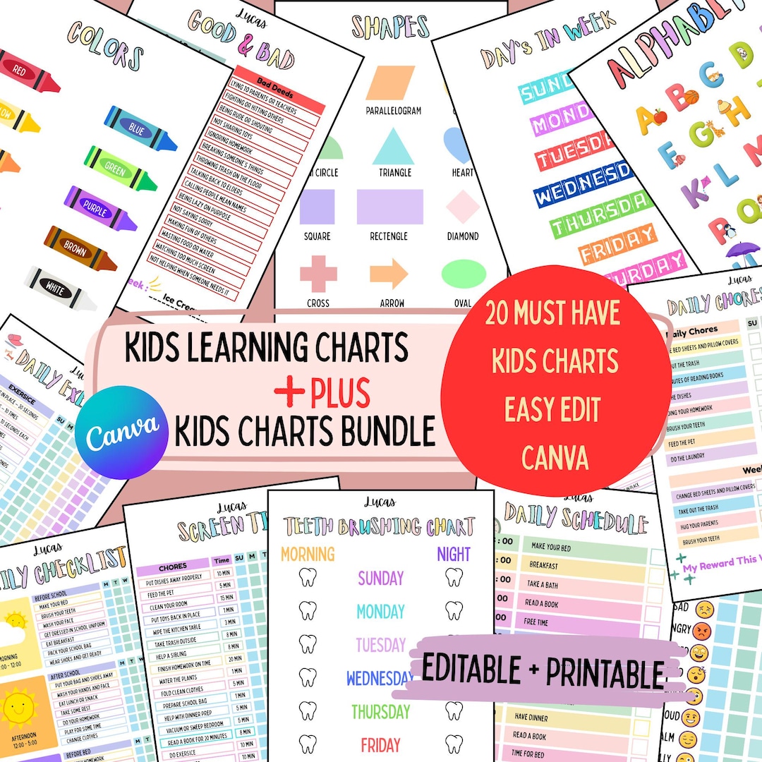 Kids Chore Chart Bundle | 20 Canva Editable Templates | Printable ...