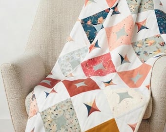 Cross Block Quilt Pattern PDF Compass Star Patchwork Throw Bed Quilt Tutorial