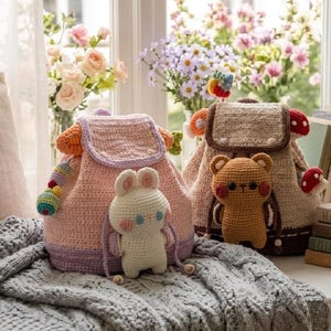 Può includere: Due zaini all'uncinetto fatti a mano in colori pastello. Uno è rosa con un coniglietto bianco, l'altro è marrone con un orsetto marrone. Entrambi hanno decorazioni a forma di fungo e arcobaleno. Sono su una coperta di maglia grigia.