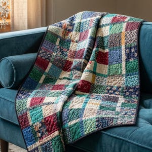May include: A patchwork quilt featuring a grid of square fabric blocks in various colours including deep red, navy blue, forest green, and cream. The quilt has a dark blue border and visible quilted stitching throughout the entire surface.