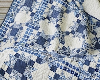 Blue Star Quilt Pattern PDF Patchwork Sampler Design Modern Farmhouse Throw Instant Download