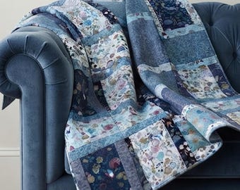 Patchwork Quilt Throw Blanket Blue Floral Cottage Quilt Farmhouse Boho Home Decor