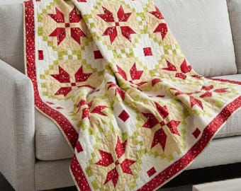Christmas Quilt Pattern PDF Red Green Star Block Throw Easy Strip Piecing Sewing Download
