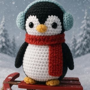 Puede incluir: Un pingüino de ganchillo con orejeras azules y una bufanda roja, de pie sobre un trineo rojo. El pingüino tiene cabeza y alas negras, cuerpo blanco y pies amarillos. Nieve cayendo en el fondo.