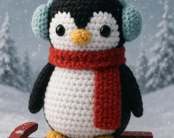 May include: A crocheted penguin wearing blue earmuffs and a red scarf, standing on a red sled. The penguin has a black head and wings, a white body, and yellow feet. Snow is falling in the background.