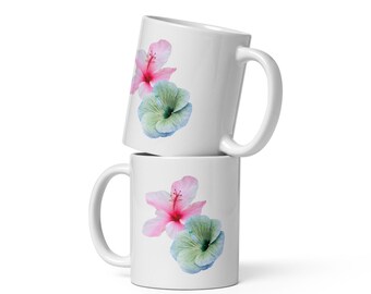 Pink Hibiscus Botanical Ceramic Mug, Floral Coffee Tea Cup