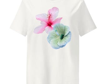 Organic Cotton Pink Hibiscus Floral Tee, Botanical Nature Inspired Shirt