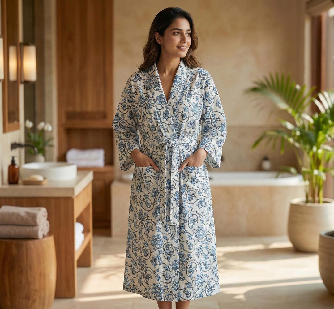 Preppy Blue Robe Blue Floral Block Print Robe, Soft Cotton Kimono Dressing Gown ...