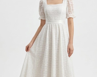White Lace Midi Dress For Women | Romantic Cottagecore Dress | Handmade Embroidered Cotton Dress | Vintage Style Summer Dress