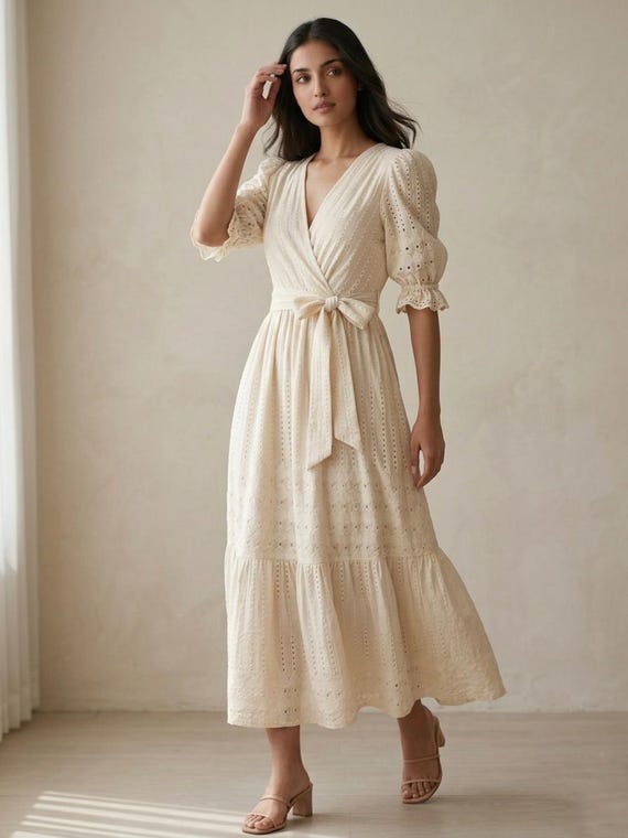 Cream Cotton Eyelet Maxi Dress, Romantic Wrap V-Neck Summer, Cottagecore Puff Sleeve Embroidery