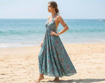 Teal Bohemian Paisley Halter Neck Maxi Dress | Turquoise Boho-chic Beach Maxi Dress