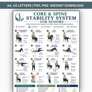 Peut inclure: Un tableau d'exercices numérique intitulé Core & Spine Stability System for Seniors, présentant 16 illustrations numérotées d'une personne effectuant des mouvements doux. Le document inclut des instructions textuelles et des consignes de sécurité.