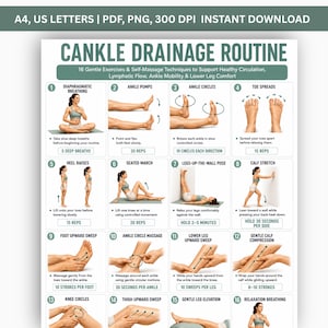 May include: A digital chart titled CANKLE DRAINAGE ROUTINE featuring 16 numbered illustrations of exercises and self-massage techniques. The document includes text instructions for each movement, such as diaphragmatic breathing, ankle pumps, and calf stretches, presented in a grid layout on a white background.