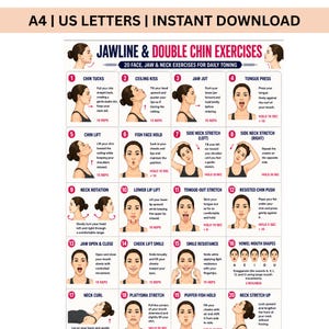 May include: A digital instructional chart titled JAWLINE & DOUBLE CHIN EXERCISES featuring 20 numbered illustrations of facial movements. The white poster includes text descriptions and repetition counts for each exercise, formatted for A4 and US Letter sizes.
