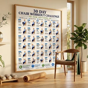 Puede incluir: Un p&oacute;ster de pared enmarcado titulado 30 Day Chair Workout Challenge for Seniors, que presenta una cuadr&iacute;cula de ejercicios ilustrados con figuras vestidas de azul en sillas, texto descriptivo e iconos de fuerza y equilibrio.
