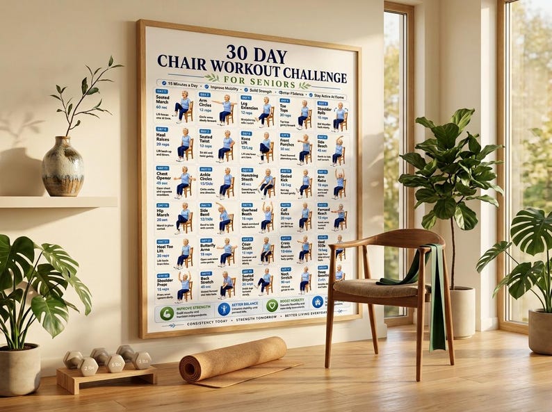 Puede incluir: Un p&oacute;ster de pared enmarcado titulado 30 Day Chair Workout Challenge for Seniors, que presenta una cuadr&iacute;cula de ejercicios ilustrados con figuras vestidas de azul en sillas, texto descriptivo e iconos de fuerza y equilibrio.