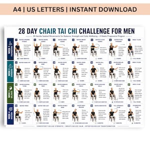 Pode incluir: Um gráfico de desafio de Tai Chi em cadeira de 28 dias com 28 painéis de instruções numerados e ilustrações de uma pessoa realizando movimentos sentada. O texto inclui títulos para cada exercício, objetivos semanais e 28 DAY CHAIR TAI CHI CHALLENGE FOR MEN.