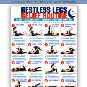 May include: A Restless Legs Relief Routine chart featuring 16 numbered exercise illustrations with instructions for gentle bedtime leg stretching and mobility. The poster includes text for each movement, such as ankle circles and hamstring stretches.
