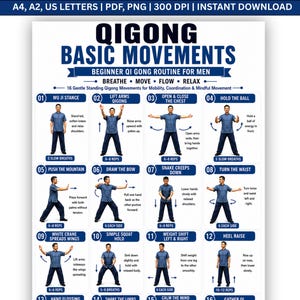 May include: A digital instructional poster titled QIGONG BASIC MOVEMENTS featuring 16 numbered illustrations of a person in a blue shirt and dark pants performing standing exercises. The text includes instructions for breathing, moving, and flowing.