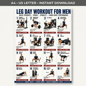 Allenamento per le gambe per uomini stampabile, 16 esercizi per la parte inferiore del corpo in palestra in PDF, poster di allenamento per quadricipiti, ischiocrurali e glutei da scaricare in PDF, spinta e trazione delle gambe