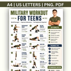 May include: A digital workout chart titled Military Workout for Teens, featuring a smiling person in a green t-shirt and twelve numbered exercise illustrations with instructions for bodyweight movements like squats, lunges, and planks.