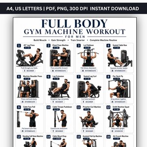 Può includere: Una tabella di allenamento digitale intitolata FULL BODY GYM MACHINE WORKOUT FOR MEN con sedici pannelli di esercizi numerati. Ogni pannello mostra una persona che utilizza attrezzature da palestra specifiche con etichette di testo per il nome della macchina.