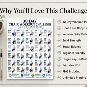 Puede incluir: Un gr&aacute;fico de desaf&iacute;o de entrenamiento en silla de 30 d&iacute;as para personas mayores con una cuadr&iacute;cula de 30 ejercicios ilustrados con texto e iconos azules. El documento incluye el t&iacute;tulo 30 Day Chair Workout Challenge For Seniors y una lista de beneficios que incluyen un plan de entrenamiento de 30 d&iacute;as, ejercicios suaves para todo el cuerpo, mejor movilidad, fuerza y equilibrio.