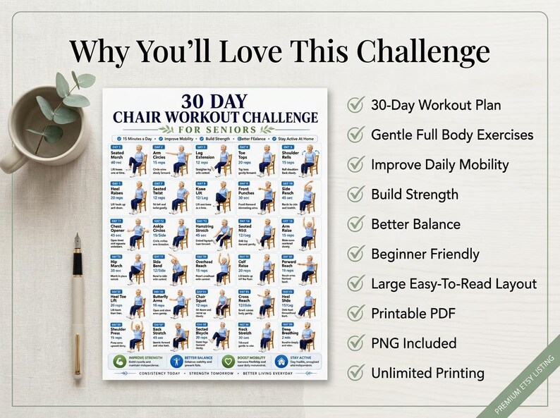 Puede incluir: Un gr&aacute;fico de desaf&iacute;o de entrenamiento en silla de 30 d&iacute;as para personas mayores con una cuadr&iacute;cula de 30 ejercicios ilustrados con texto e iconos azules. El documento incluye el t&iacute;tulo 30 Day Chair Workout Challenge For Seniors y una lista de beneficios que incluyen un plan de entrenamiento de 30 d&iacute;as, ejercicios suaves para todo el cuerpo, mejor movilidad, fuerza y equilibrio.
