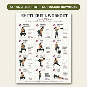 Könnte beinhalten: Ein weißes Informationsplakat mit dem Titel KETTLEBELL WORKOUT For Women, das zwölf nummerierte Übungsillustrationen mit Textanweisungen, Satz- und Wiederholungszahlen sowie eine Kopfzeile mit A4, US LETTER, PDF und PNG-Formaten enthält.