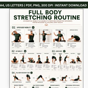 May include: A full body stretching routine chart featuring 40 essential mobility and flexibility exercises. The document includes numbered sections for upper body, hip, and lower body mobility, plus a recovery flow with illustrations of a person.
