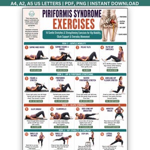 Może przedstawiać: Cyfrowa tabela ćwiczeń zatytułowana Piriformis Syndrome Exercises zawierająca szesnaście ponumerowanych ilustracji ruchów fizycznych. Plakat zawiera schematy anatomiczne biodra i nerwu kulszowego wraz z instrukcjami do każdego ćwiczenia.