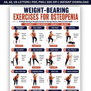 May include: A white informational poster titled Weight-Bearing Exercises for Osteopenia featuring 16 numbered exercise illustrations with text instructions for low impact home workouts, strength, and balance training, available in A4, A2, and US Letter sizes.