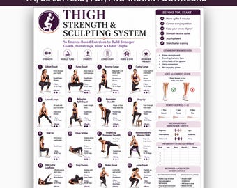 Thigh Exercises for Women Printable, Inner & Outer Thigh Workout Chart PDF, Leg Toning Exercises, Lower Body Home Fitness Guide