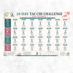 Défi de tai-chi de 28 jours pour femmes PDF imprimable, programme de tai-chi de 4 semaines, entraînement de force d'équilibre et de mobilité, affiche d'entraînement de tai-chi