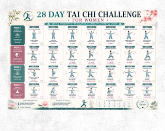 28-daagse tai chi-uitdaging voor vrouwen afdrukbare pdf, tai chi-programma van 4 weken, balans, krachttraining, mobiliteitstraining, poster tai chi-training