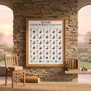 Puede incluir: Un p&oacute;ster enmarcado titulado 30 Day Chair Workout Challenge for Seniors que presenta una cuadr&iacute;cula de ejercicios ilustrados. El gr&aacute;fico muestra varios movimientos sentados con etiquetas de texto, iconos y un programa diario.