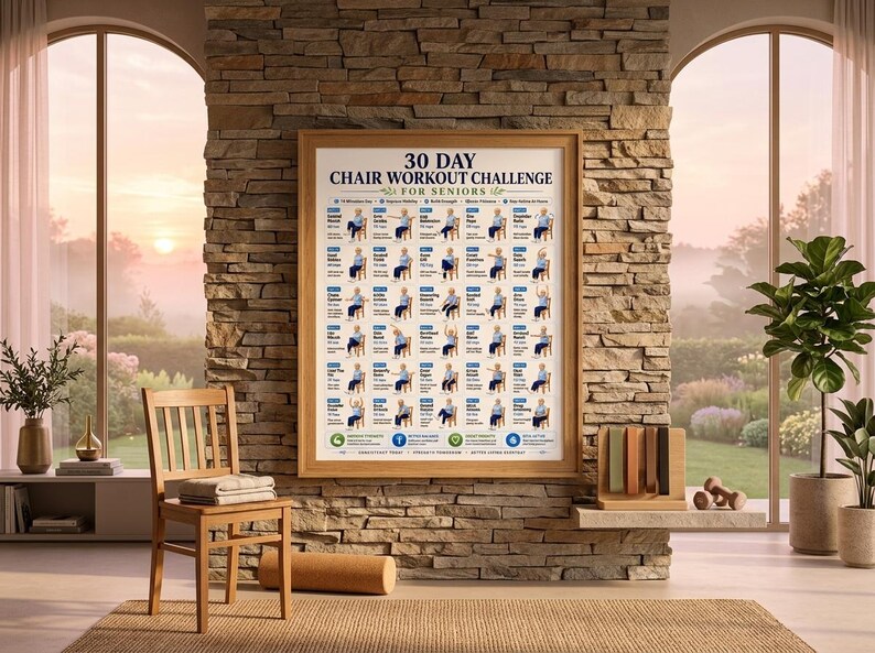 Puede incluir: Un p&oacute;ster enmarcado titulado 30 Day Chair Workout Challenge for Seniors que presenta una cuadr&iacute;cula de ejercicios ilustrados. El gr&aacute;fico muestra varios movimientos sentados con etiquetas de texto, iconos y un programa diario.