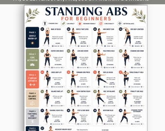 Stehende Bauch-Trainingsplaner druckbare PDF, Steh-Core-Training, keine Ausrüstung Bauch-Routine, Low Auswirkungen Home Fitness Übungstabelle