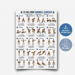 May include: A white instructional poster titled 20 FULL BODY DUMBBELL EXERCISES featuring twenty numbered illustrations of a person performing various strength training movements with dumbbells, including rep counts and descriptive text for each exercise.