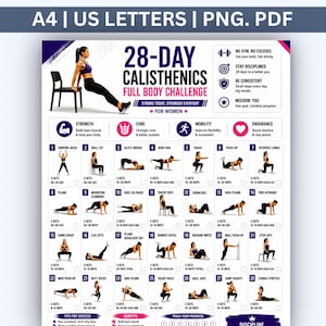 May include: A 28-day calisthenics full body challenge workout chart featuring a purple and white colour scheme. The document includes a daily exercise schedule with numbered illustrations, text instructions, and checkboxes for tracking progress.